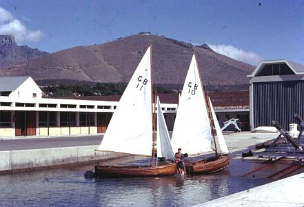 On the slipway. Two of the 'International 14 footers'. Graham Barrett at the bow of #GB11.