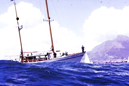 The Howard Davis acting as guard boat at anchor off the Bothie during the Western Province Finn sailing championships.
