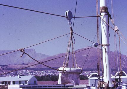 A 'breeches buoy' rigged on the Parade Ground mainmast.
