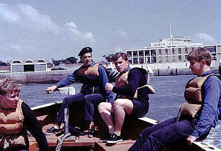 On board the S.A.Seafarer's Lifeboat. L to R: H. Waters, Riaan Bouwer, Mike Grindley & 'JC' James.