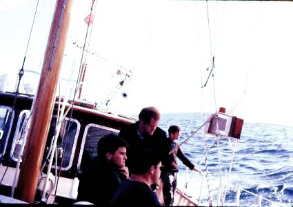 A group of 'senior students' aboard the Howard Davis. L to R (sitting) Tony Dominee, Tony Watcham. L to R (standing) 'JD' Baxter and 'Blackie' Swart.
